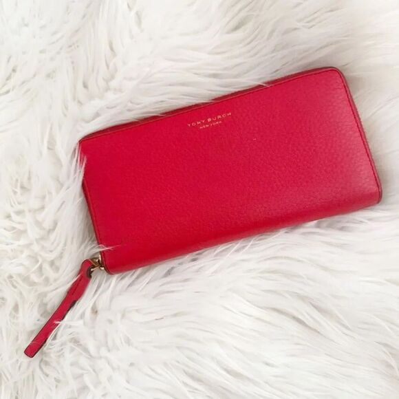 TORY BURCH | Large Red Zip Around Leather Wallet Long Gold Tone Hardware - Picture 1 of 8